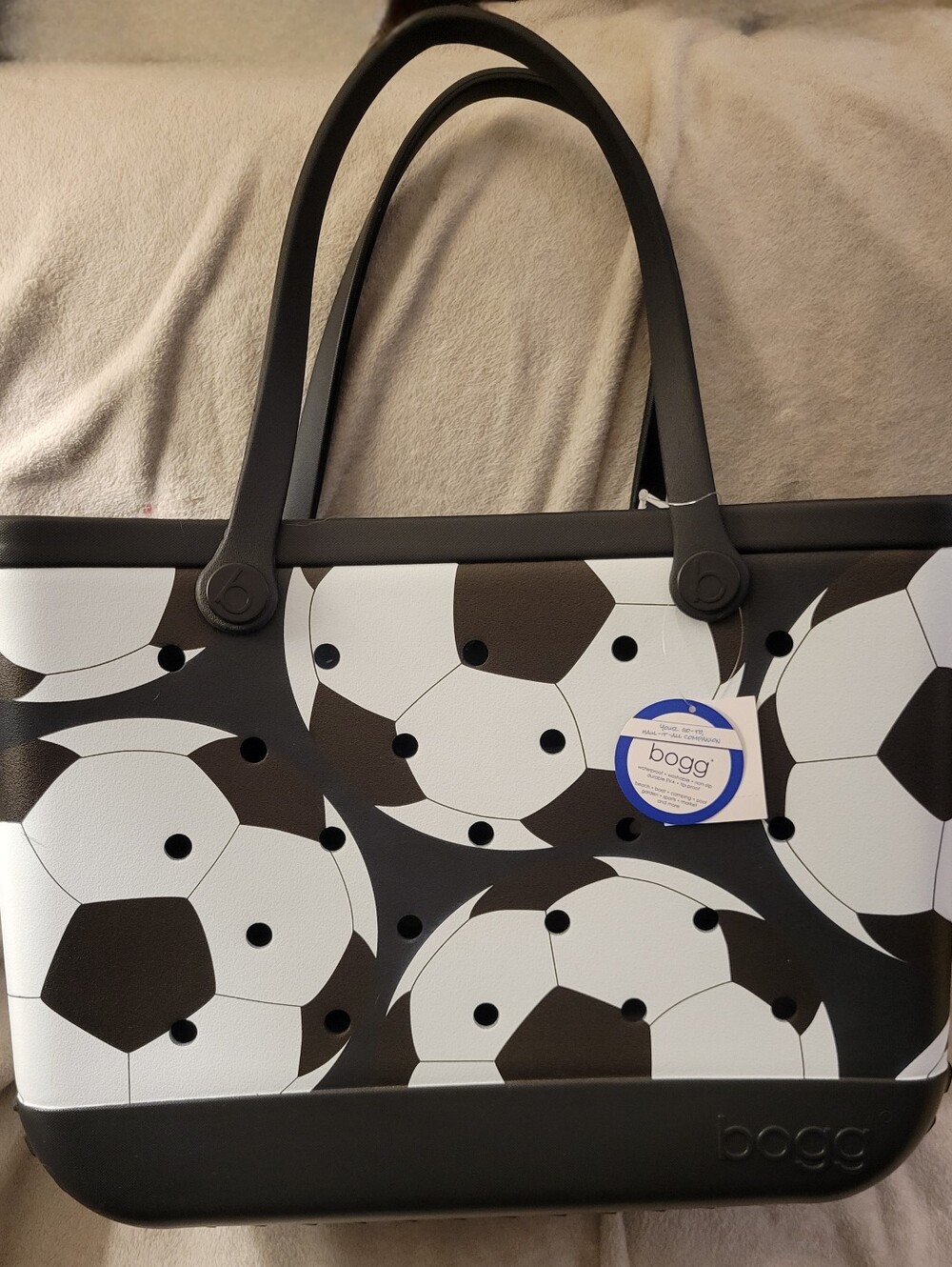 Discontinued Baby Bogg Bag (Med)Soccer Print Tote in Black & White. Soccer Mom